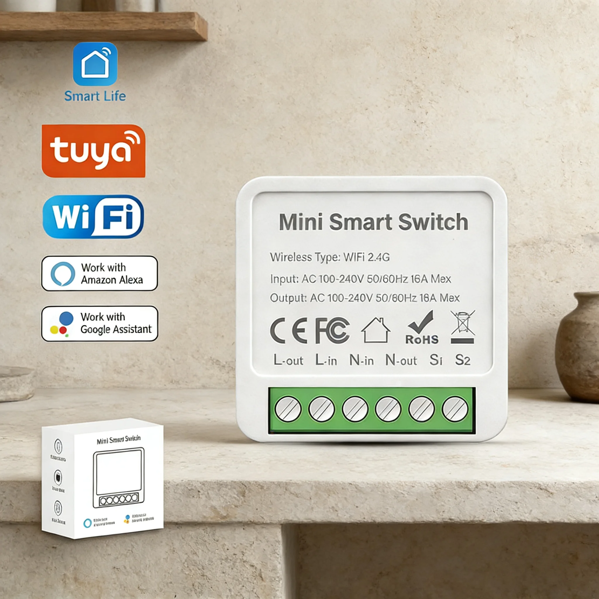 Tuya Smart WiFi Switch Module 16A 2-Way Control Mini Breaker Light Switch Timer Remote Control Compatible With Alexa Google