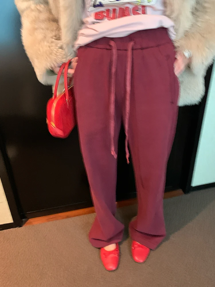 Pantalon décontracté doublé en Fce pour femme, taille élastique, jambes larges, ample, chaud, taille haute, mélange de coton, pour les déplacements