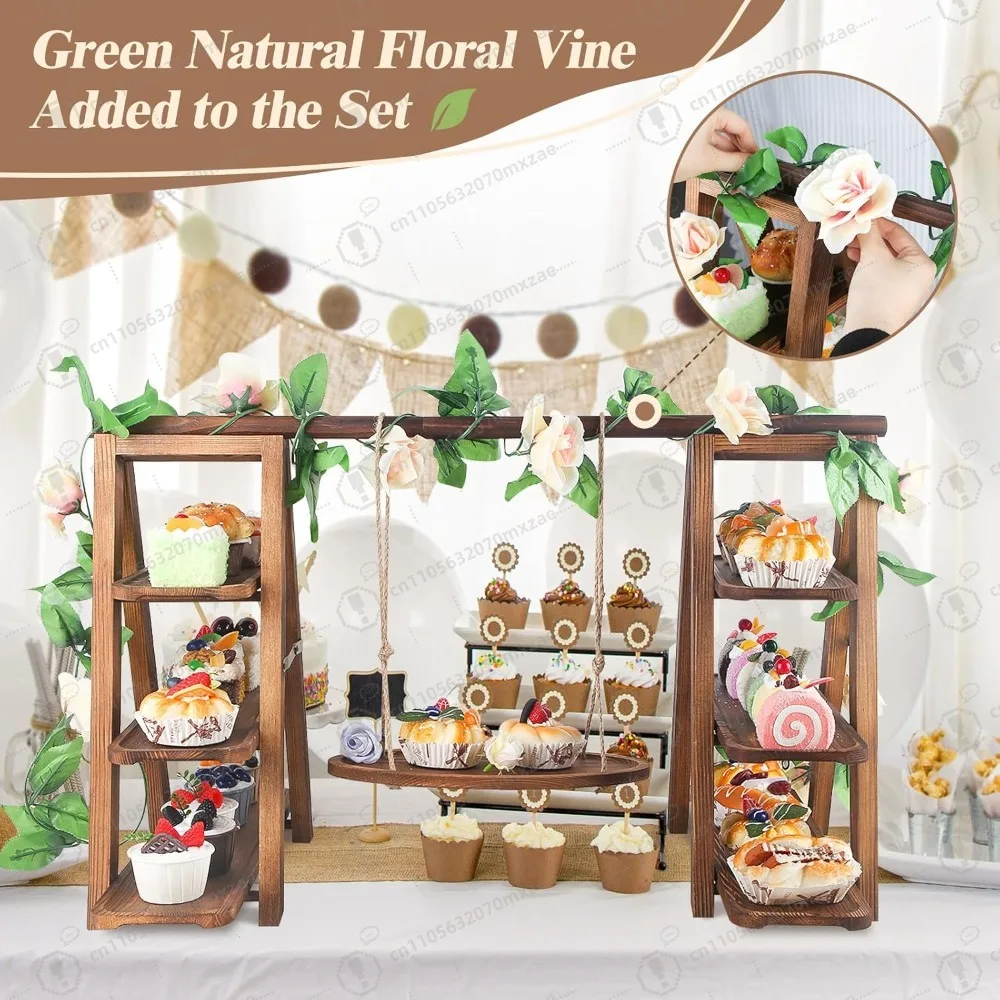 حامل كب كيك خشبي من 3 طبقات مع صواني قابلة للإزالة على شكل أرجوحة زهرية طبق تقديم قابل للطي لعرض بوفيه الحلوى للحفلات #6