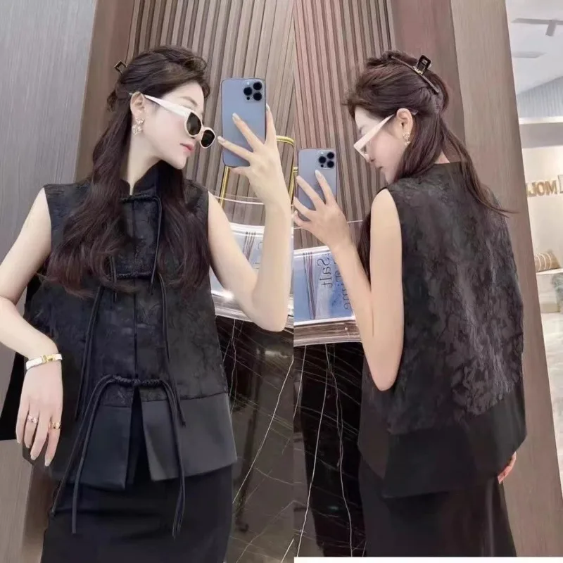 New Vintage Button Tassel Patchwork Black Vest Spring Autumn Women Clothing Trends Design Sleeveless Cardigans Jacket Waistcoat