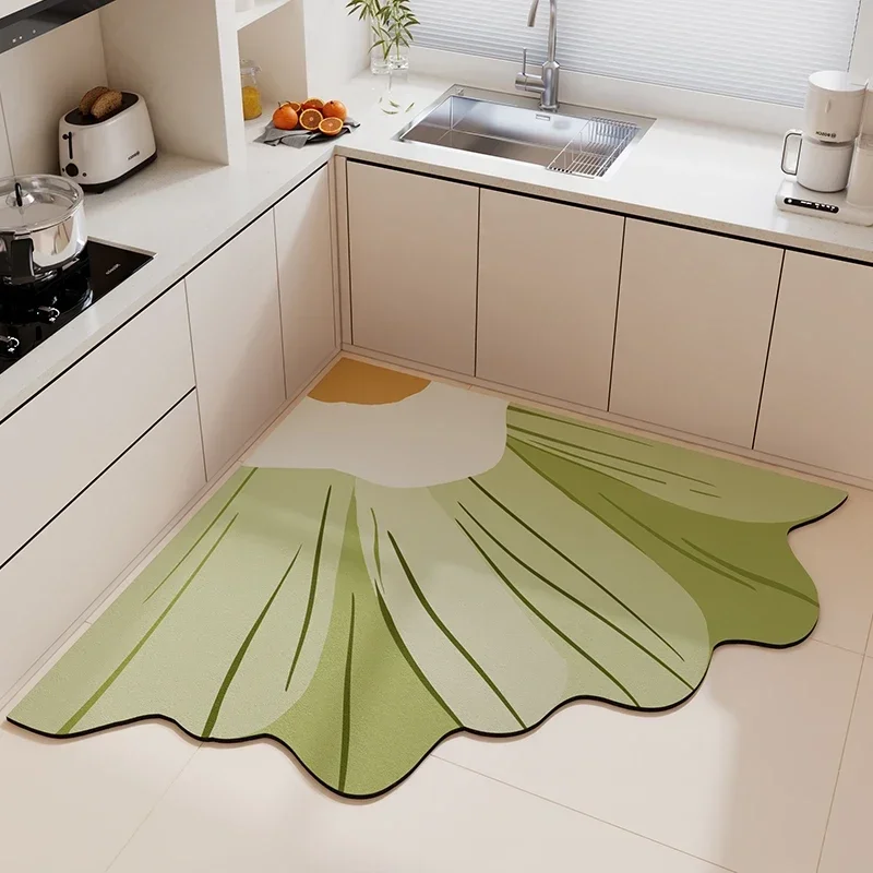 Carpet for Kitchen Flower Rug Soft Diatom Mud Absorbent Floor Mat Washable Irregular Fan-shaped Corner Non-slip Quick-drying