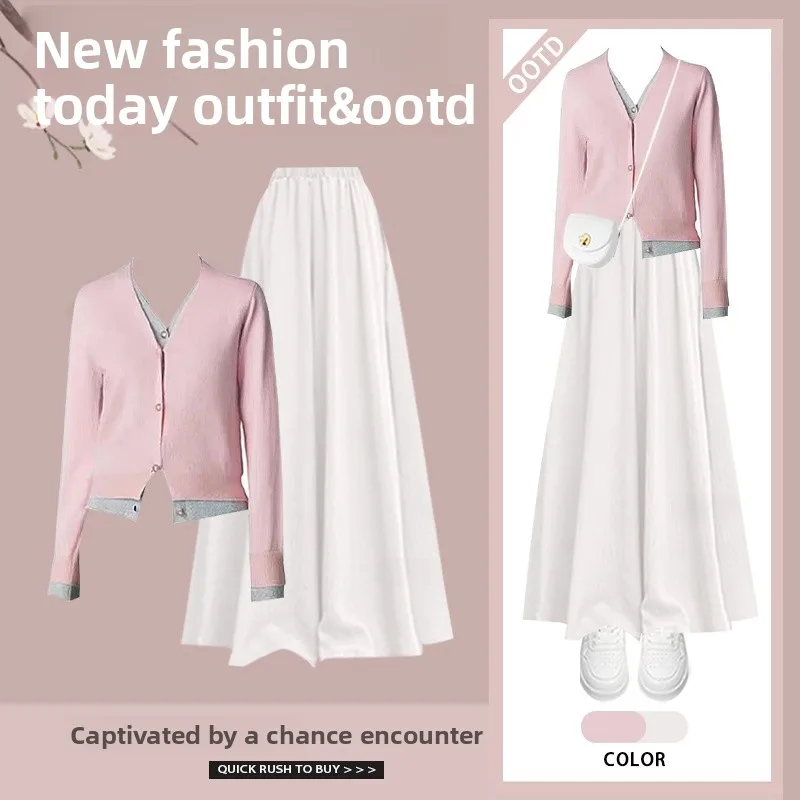 

Spring Fashion Knitted Set Women's Large Size Age-Defying Half-Skirt Pants Two-Piece Ensemble Stylish V-Neck Long Sleeve