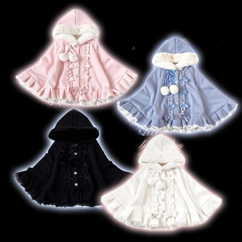 2025 Christmas Winter Cloak Overcoat Women Design Bow  Lolita Hooded Patchwork Kawaii Cope Coat Female Warm Cape Sweet Jackets