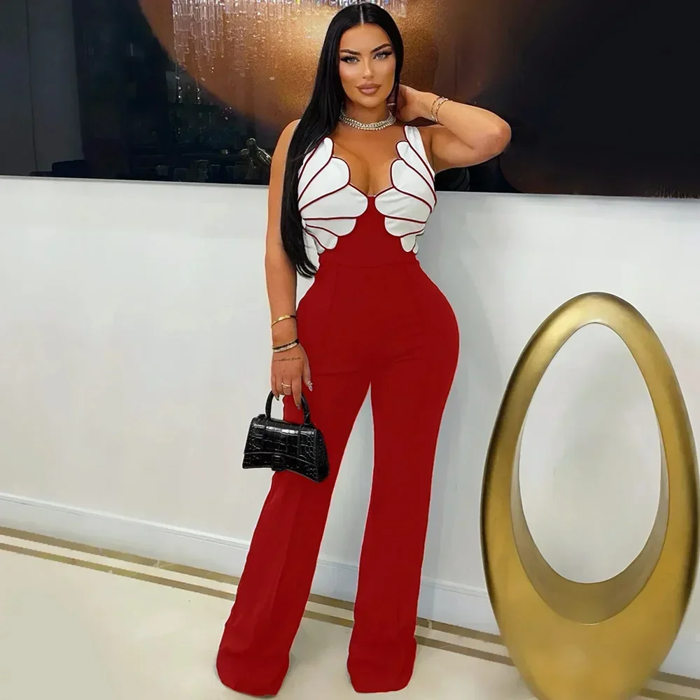 Women V-Neck Backless Wide Leg Straight Sleeveless Jumpsuits 2025 Spring Patchwork Sexy One Piece Set Streetwear Outfits