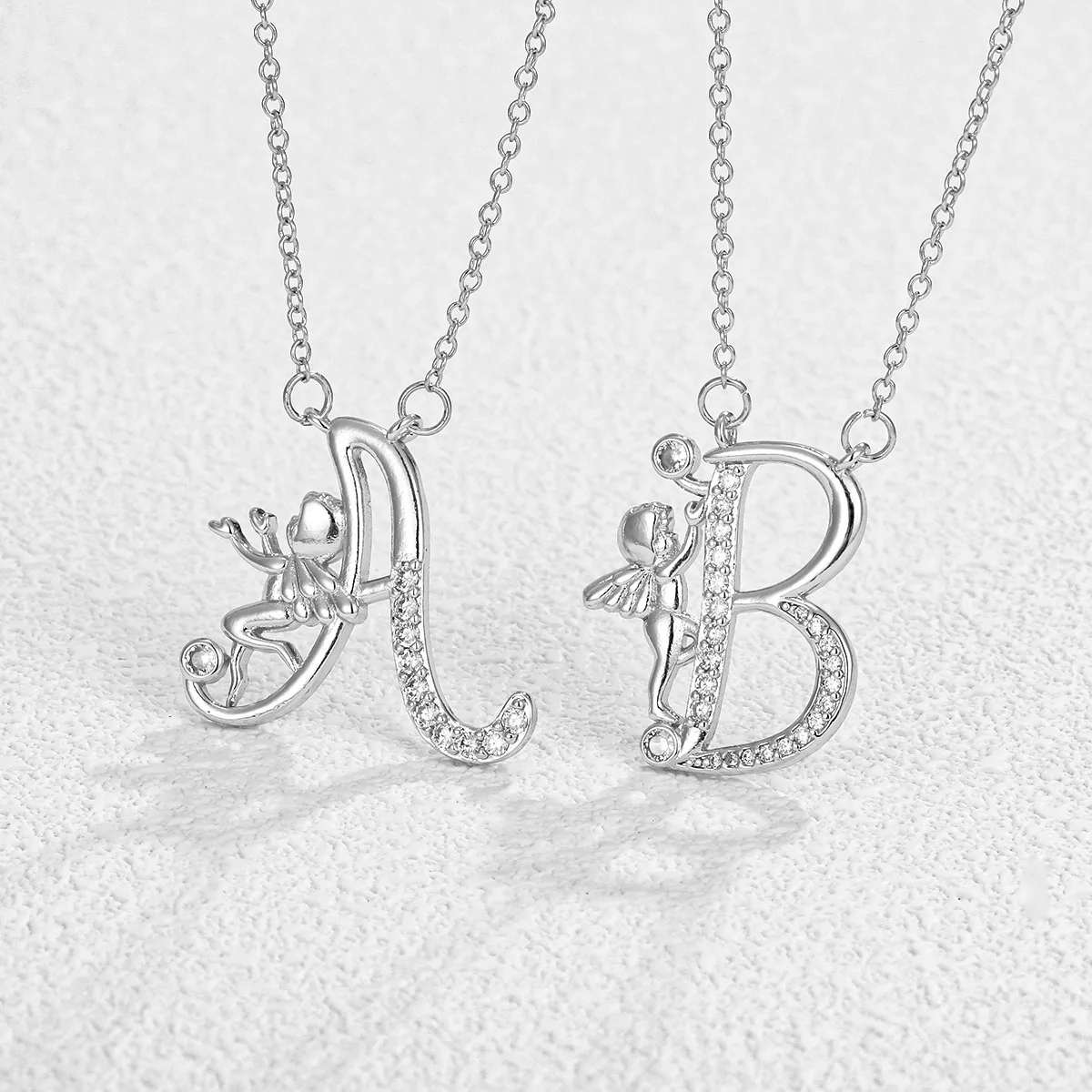 Custom Cute Angel 26 Initial Letters Silver Pendant Necklace Sparkling Rhinestone Personalized Chic Jewelry Gift For Women Girls
