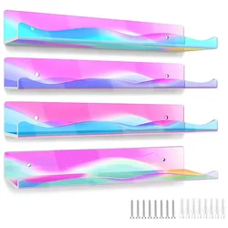4pcs Iridescent Acrylic Floating Shelves Wall Mounted Book Record Magazine Display Stand Storage Rack For Bathroom Kitchen Home