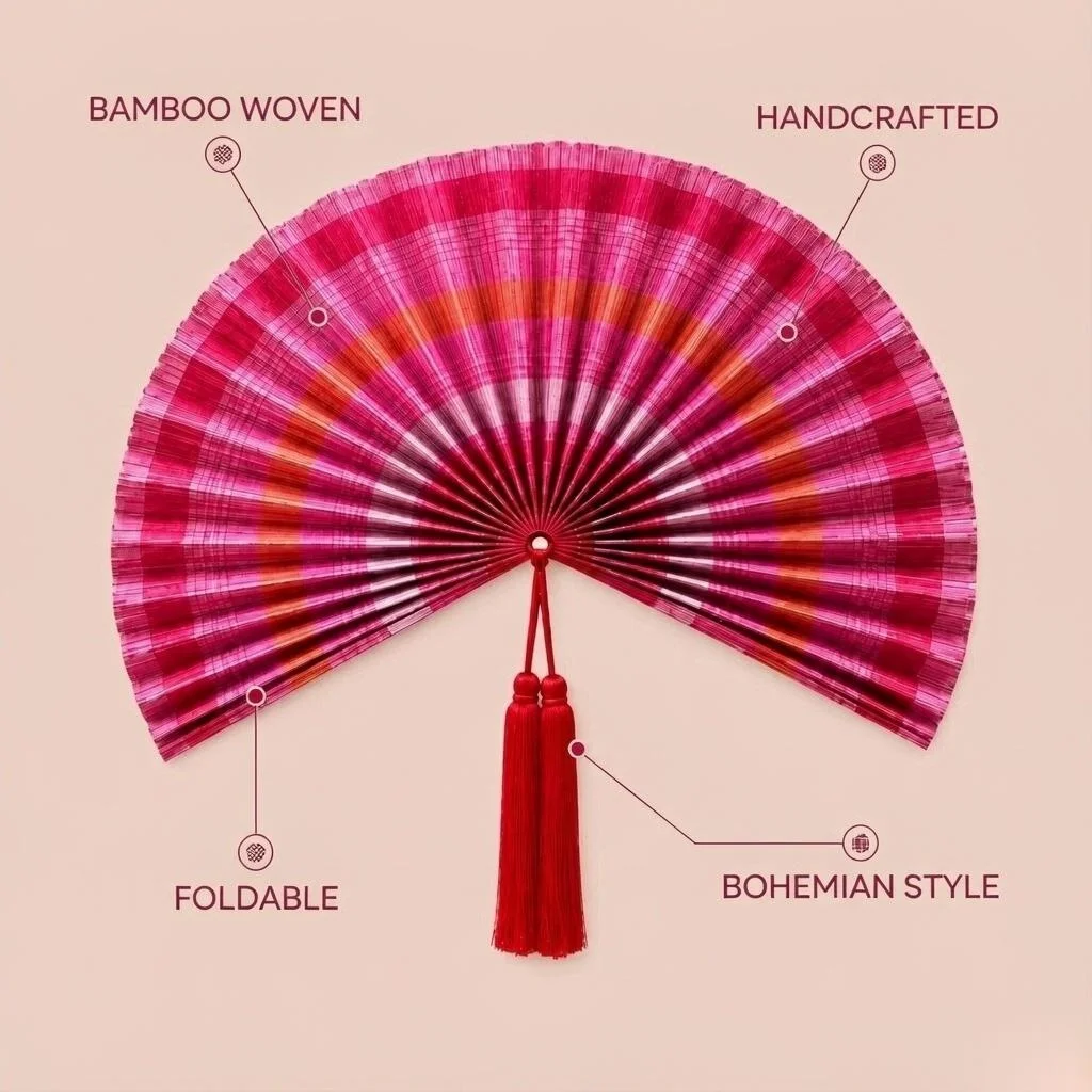 Vintage Natural Handwoven Bamboo Wall Fan with Tassel Striped Decorative Art for Entryway Bedroom Apartment Wall