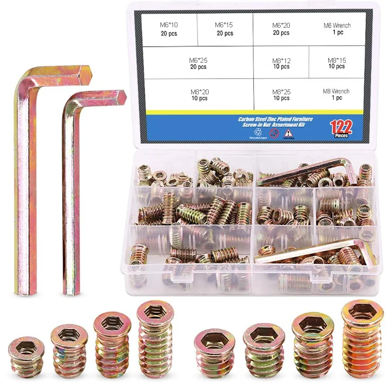 120Pcs Threaded Inserts Nuts with M6 M8 Wrench Zinc Plated Carbon Steel Hex Socket Drive Flanged Screw-in Nut for Wood Furniture