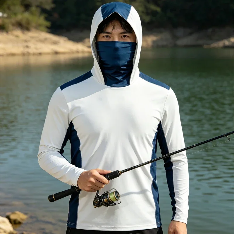 Men UPF50+ Sun Protection Fishing Hoodie, Long Sleeve Quick Dry Shirt With Built‑in Face Mask for Outdoor Fishing