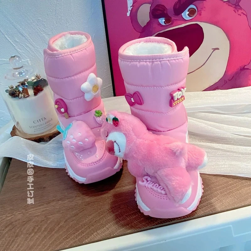 

2025 Disney Lotso Bear Girls Snow Boots, Leather Waterproof Anti-Slip, Plush Lined Tall Winter Boots
