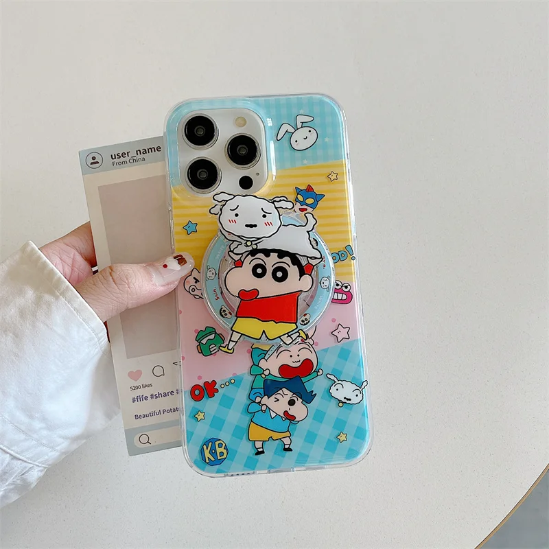

Cute cartoon Crayon Shin -chan stripet lattice Magsafe Wireless Charging Case for iPhone 13 14 15 16 Pro Max 3D Magnetic Holder