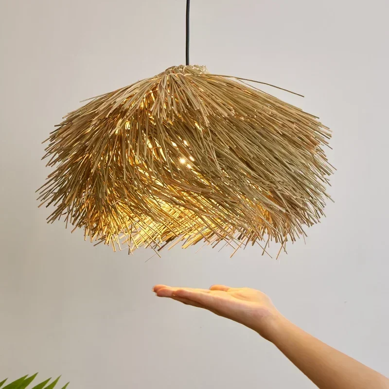 Natural Handwoven Rattan Straw Hat LED Pendant Light Southeast Asian Tropical Decor Ceiling Lamp for Balcony Living Dining Room