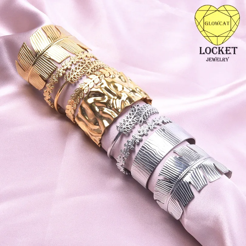 1Pc Stainless Steel Women Personality Irregular Wide Textured Open Bangle Trendy Wheat Ear Leaf Bmboo Aesthetic Bracelet Jewelry