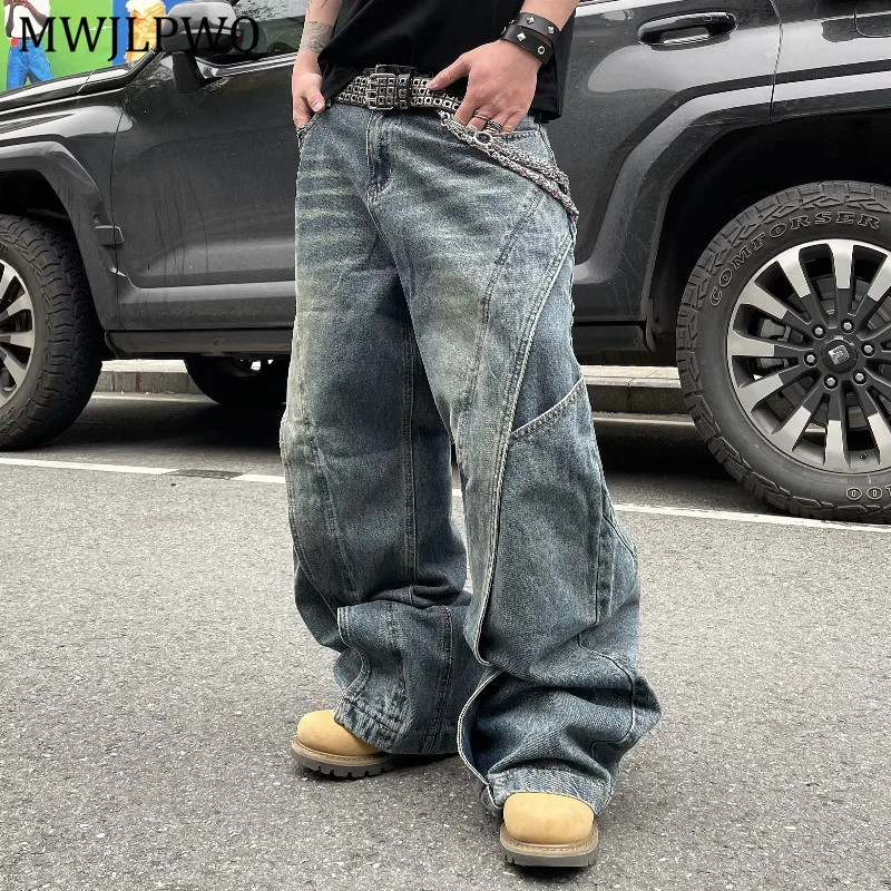 

MWJLPWQ Three-dimensional Deconstructed Split Design Jeans Men's High Street Spliced New Washed Vintage Straight-leg Pants 11191