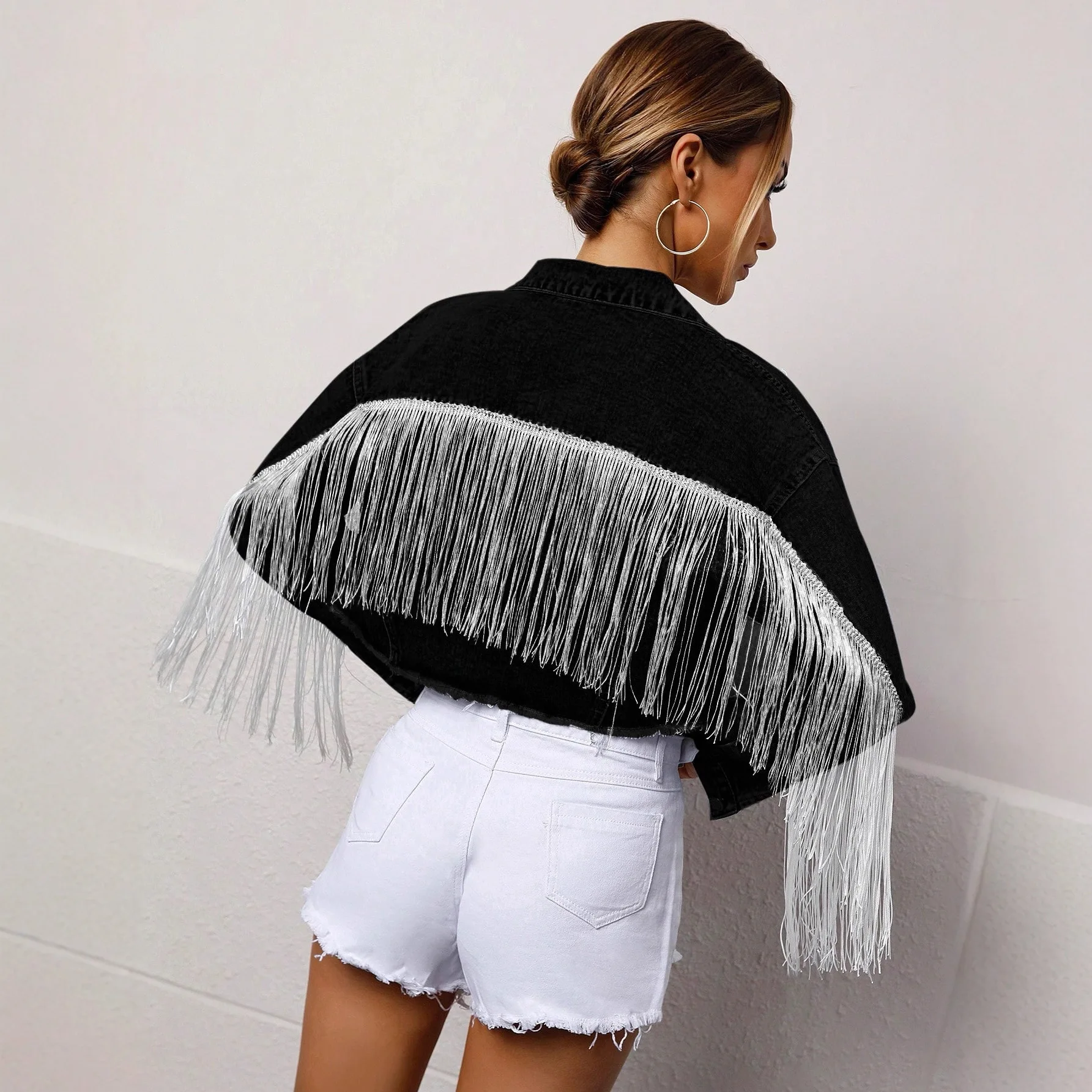 

American European New Fashion Women's Black Casual Trendy Loose Long Sleeve Tassels Denim Jacket Female Jean Coat Clothes Tops