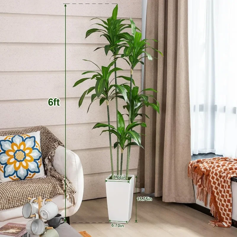 Dracaena Trees Artificial Indoor, 6FT Tall Faux Tree with White Tall Planter, Artificial Plants with Natural Wood Trunk