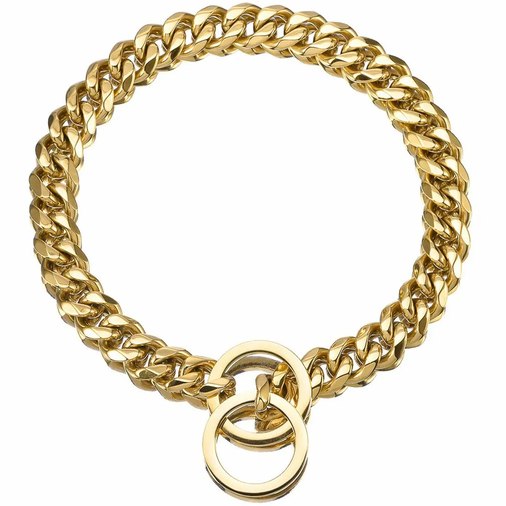 45cm Dog Gold Collar Fully Welded 18K Gold Heavy Duty Choke Cuban Dog Chain Strong Stainless Steel Chain Training Collar