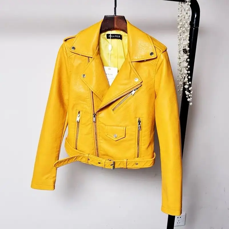 Spring Autumn Faux Leather Yellow Bomber Jacket Locomotive Belted PU Coat Zipper Cardigan Turn Down Collar Streetwear Crop Tops