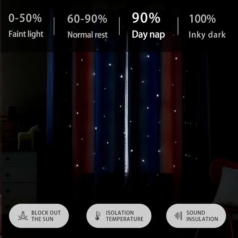 Modern Gradient Double Layer Blackout Curtains Star Hollow Out Grommet Curtain for Living Room Bedroom Kids Room Home Decoration
