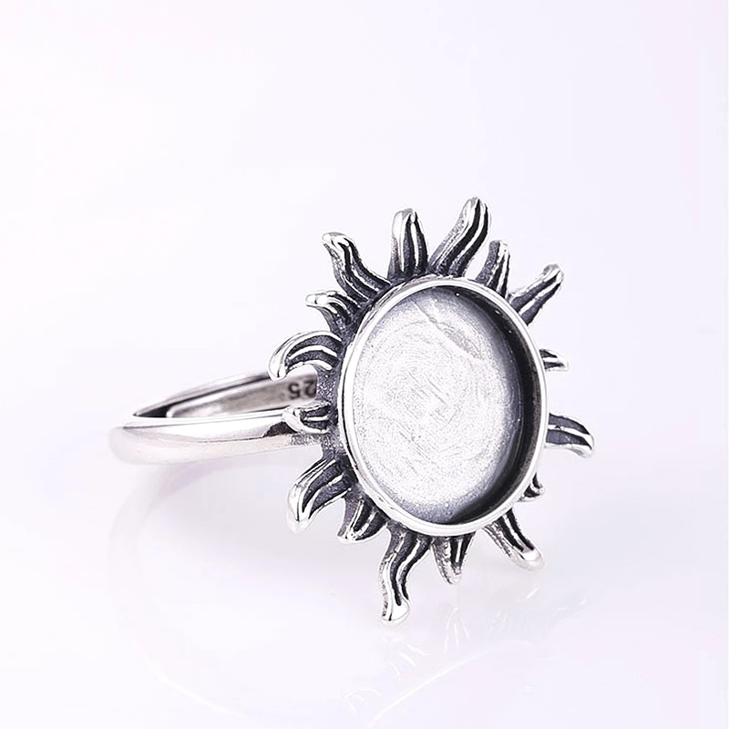 

925 Sterling Silver Engement Wedding Ring Vintage Semi Mount Ring for 12x12mm Round Cabochon Gemstone Setting Sun