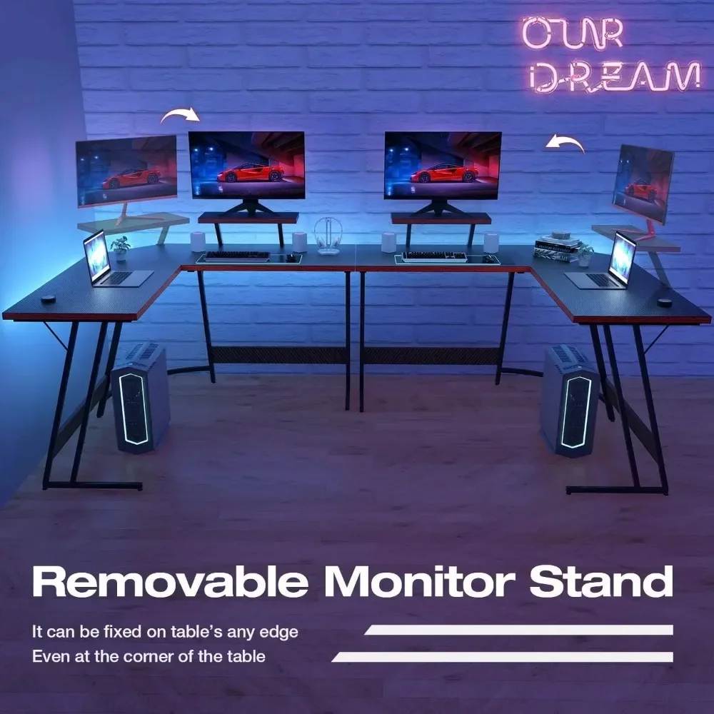 L Shaped Gaming Desk Computer Corner Desk PC Gaming Desk Table with Large Monitor Riser Stand for Home Office Sturdy Writing