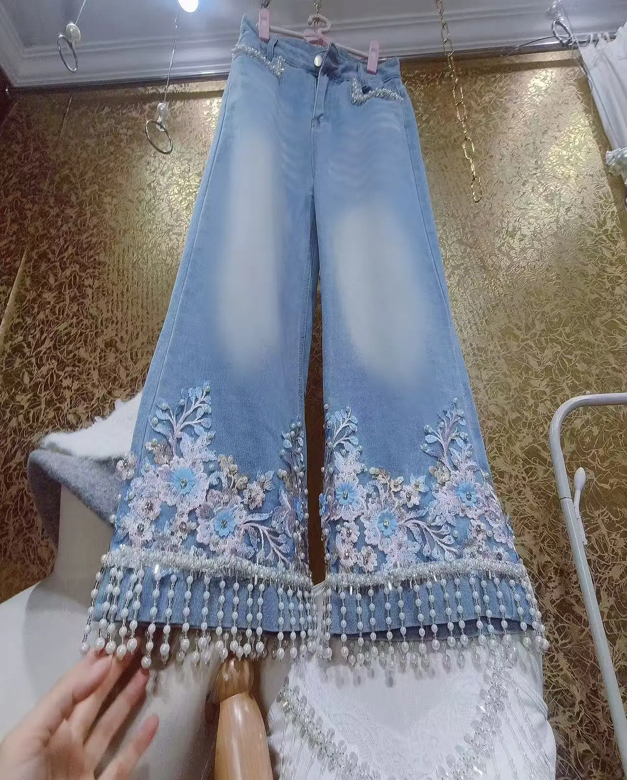 Full Length Women's Denim Pant Luxury Sequins Embroidery Straight Jeans Pants 2026 Autumn Stylish Denim Trousers