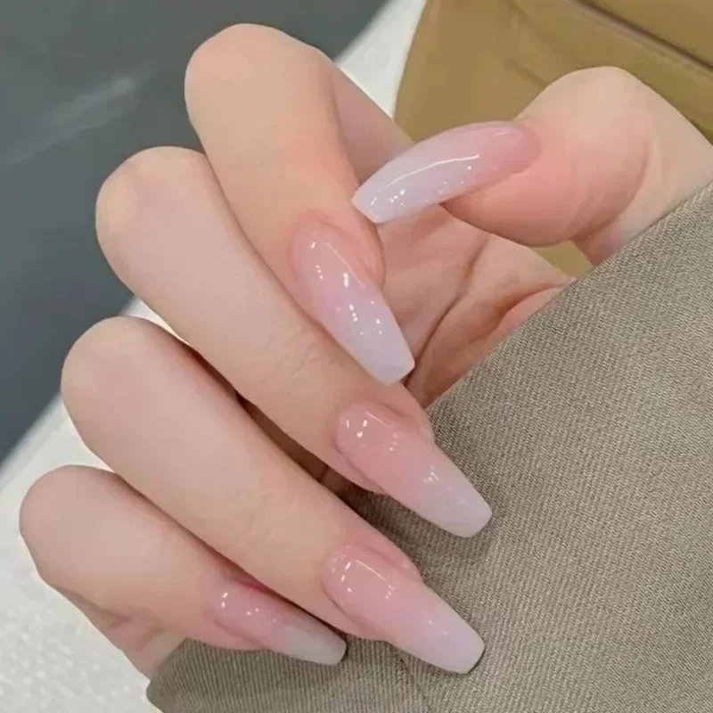 24Pcs/Box Long Coffin Artifical False Nails Gradient Color with Glue Fake Nails Wearable Ballerina Simple Press on Nails Tips