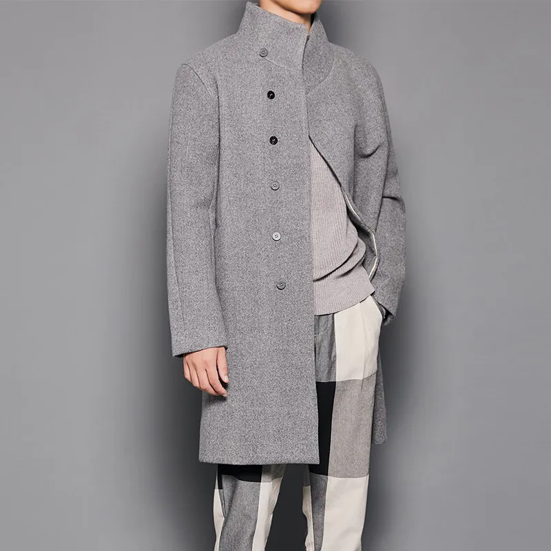Men's Simplicity Profile Stand Collar Drop Shoulder Three-Dimensional Cut High-End Coat Woolen Coat