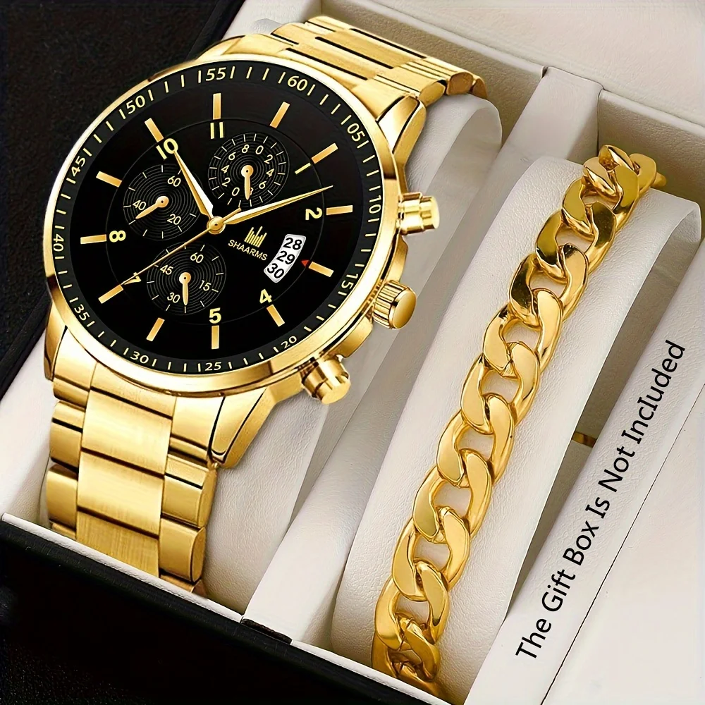 2pcs/set Men's Calendar Watch+Matching Bracelet, Circular Digital Dial, Men's Watch Set (No Box)