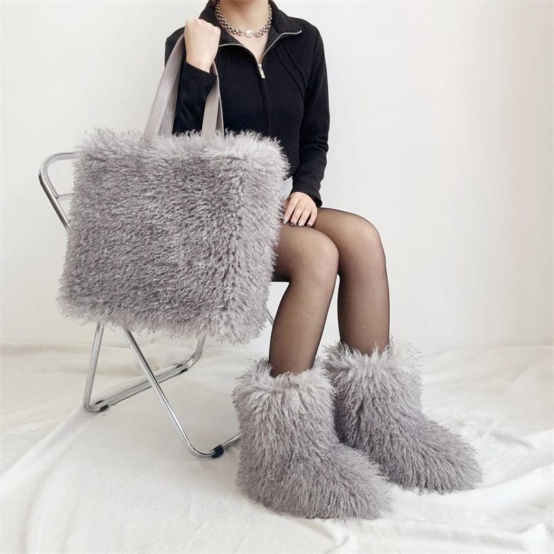 Hot Sale Ins Fashion Long Women Furry Boots Bags Set Winter Knee Length Keep Warm Ladies Snow Boots