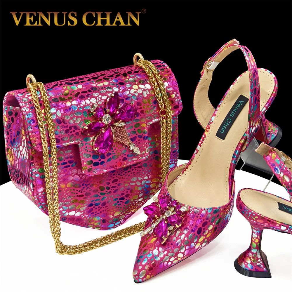 Venus Chan New Fashionable Pointed Toe Decorated With Bling Rhinestones Design Shoes Matching Bag Set in Fuchsia Color For Party