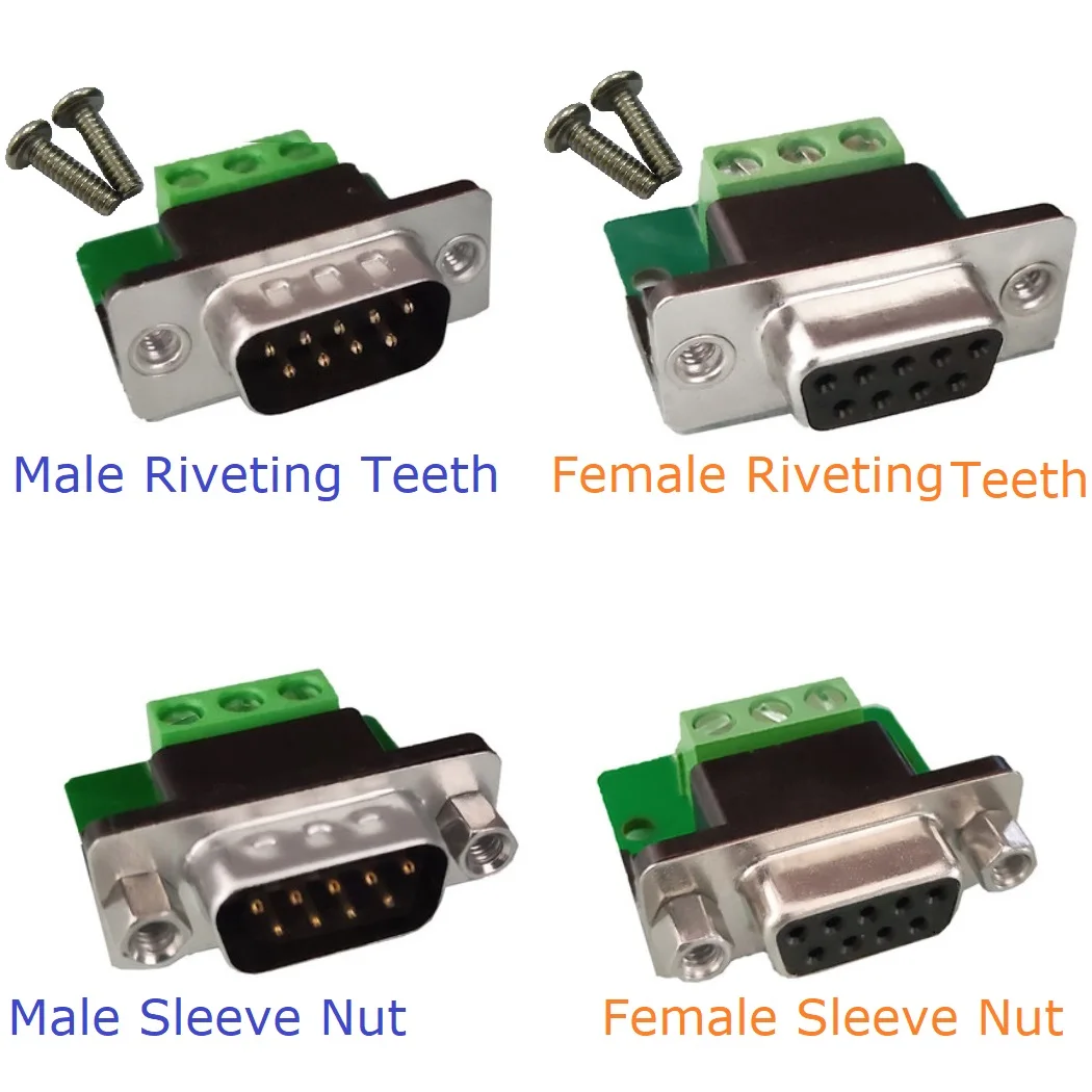 DB9 DR9 DE9  Female Male Adapter to 3Pin in Signals Terminal Breakout Board Riveting Teeth Sleeve Nut for RS232 RS422 RS485