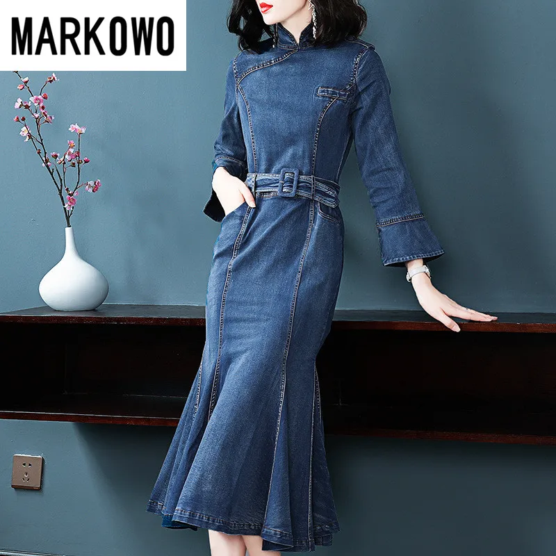 

MARKOWO Desinger Brand 2023 Women's Spring New Temperament Improved Cheongsam Fashion Slim Slim Fishtail Denim Dress