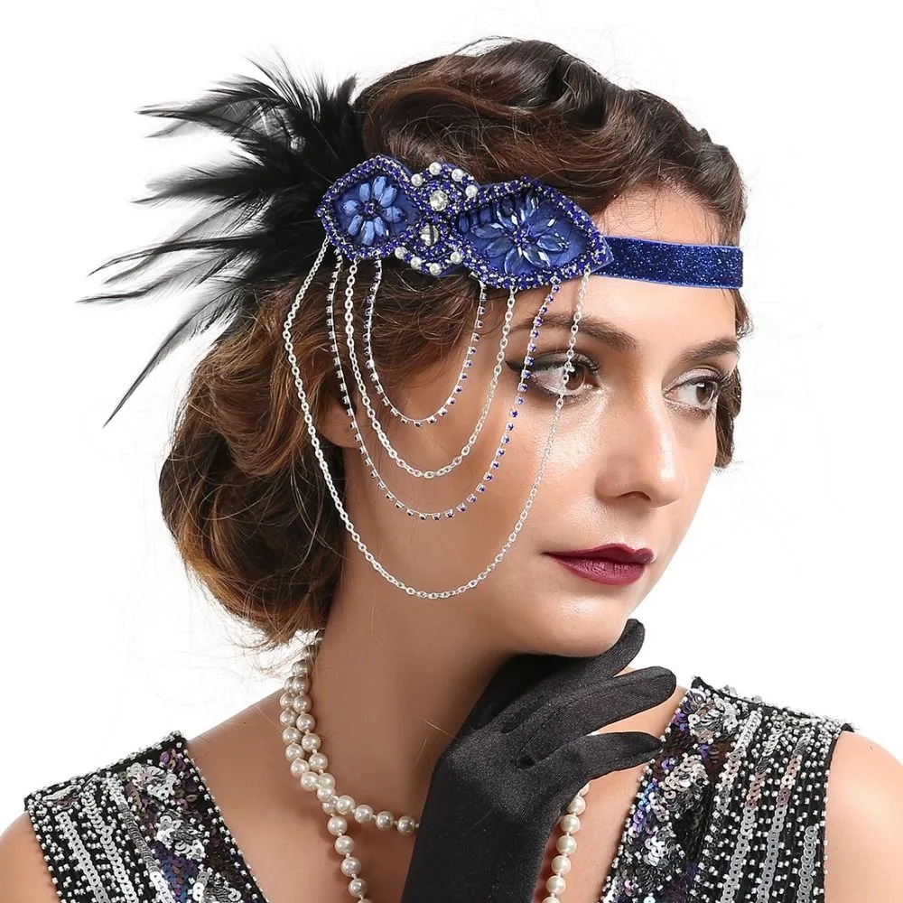 Exquisite Tassels Feather Hairband Long Chain Beaded Headband Hair Hoop 20s Rhinestone Hair Band Bridal