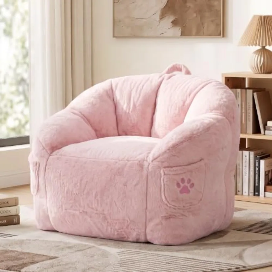 Bean Bag Chair for Adults, Pumpkin Shaped Bean Bag Sofa, Faux Leather, Beige, Ultra-Soft Ergonomic Support