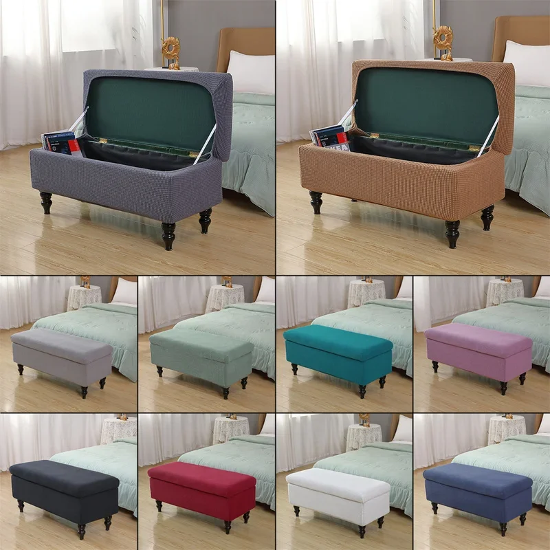 Rectangle Storage Ottoman Covers Plain Color Stretch Foot Stool Cover Anti-Dust Polar Fleece Footrest Seat Slipcovers Protector