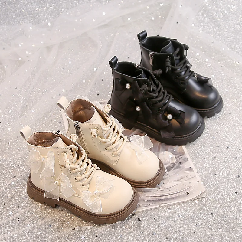 

Детские полусапожки с круглым носком, милые кружевные бантики, детские кожаные сапоги в корейском стиле, осень-зима 202, мягкие сапоги принцессы для девочек