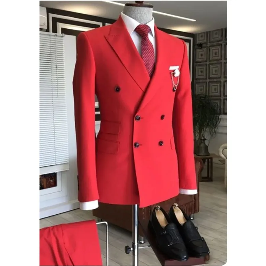 

Formal Wedding Red Men Suits Double Breasted 2 Pieces Peaked Lapel Outfits Dress Business Office Work Custom Male Clothing