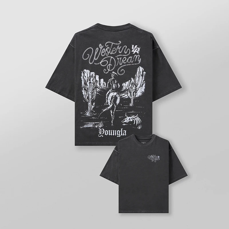 Oversized bedrukt katoenen T-shirt voor heren, westerse cowboystijl, katoen, bedrukt, ronde hals, sport, vrije tijd, skateboard, top met korte mouwen