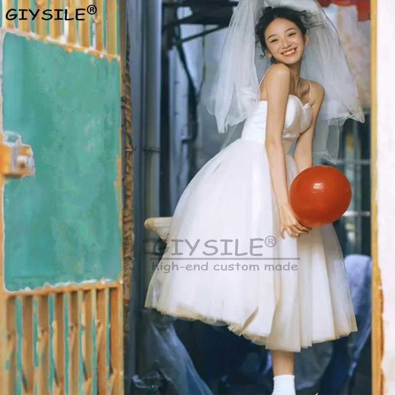 GIYSILE Customized White Suspender Light Wedding Dress French Retro Minimalist Strap Sleeveless A-line Formal Women Elegant