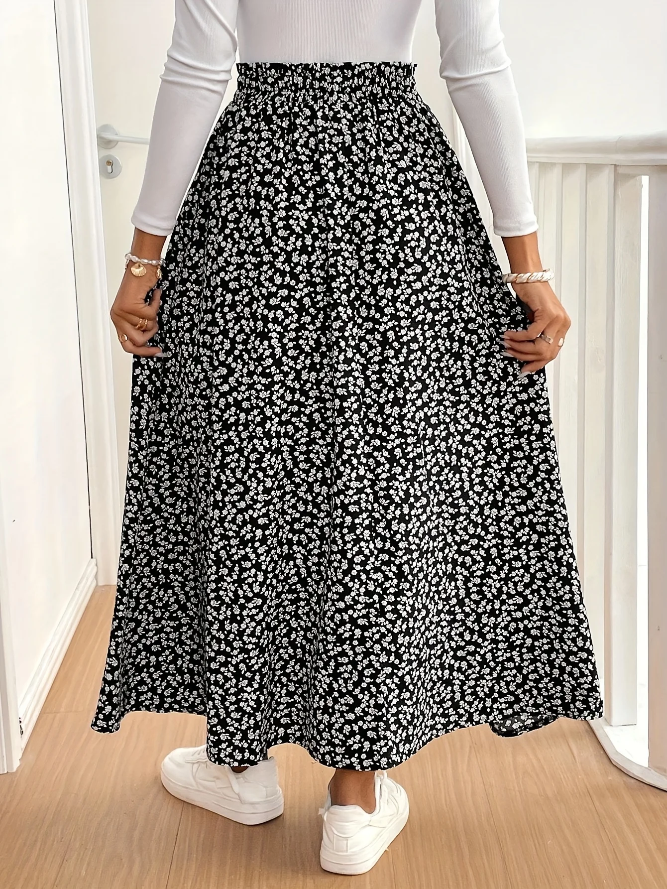 Women Summer Soft Floral Print Skirt, Elegant Flowy Draping Big Swing Slimming A Line Long Skirt