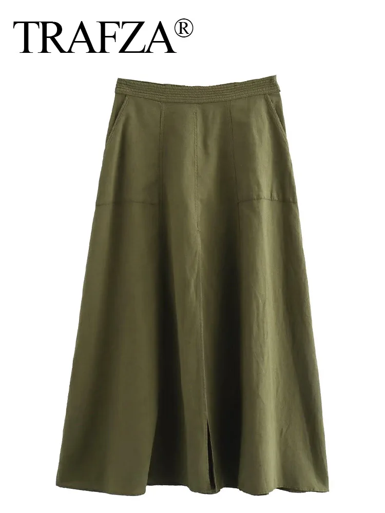 Trafza Dames Zomermode Effen Linnenmix Cape Rits Rok Dames Chique Streetwear Elegante, Slanke Enkellange A-Line Rokken