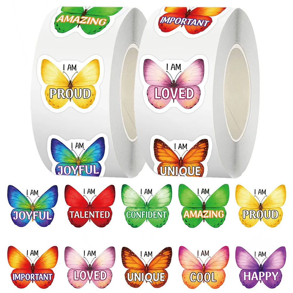 

500pcs/Roll Inspirational Butterfly in English Cartoon Sealing Stickers DIY PVC Laptop Decals Decoration Reward Gift Toy