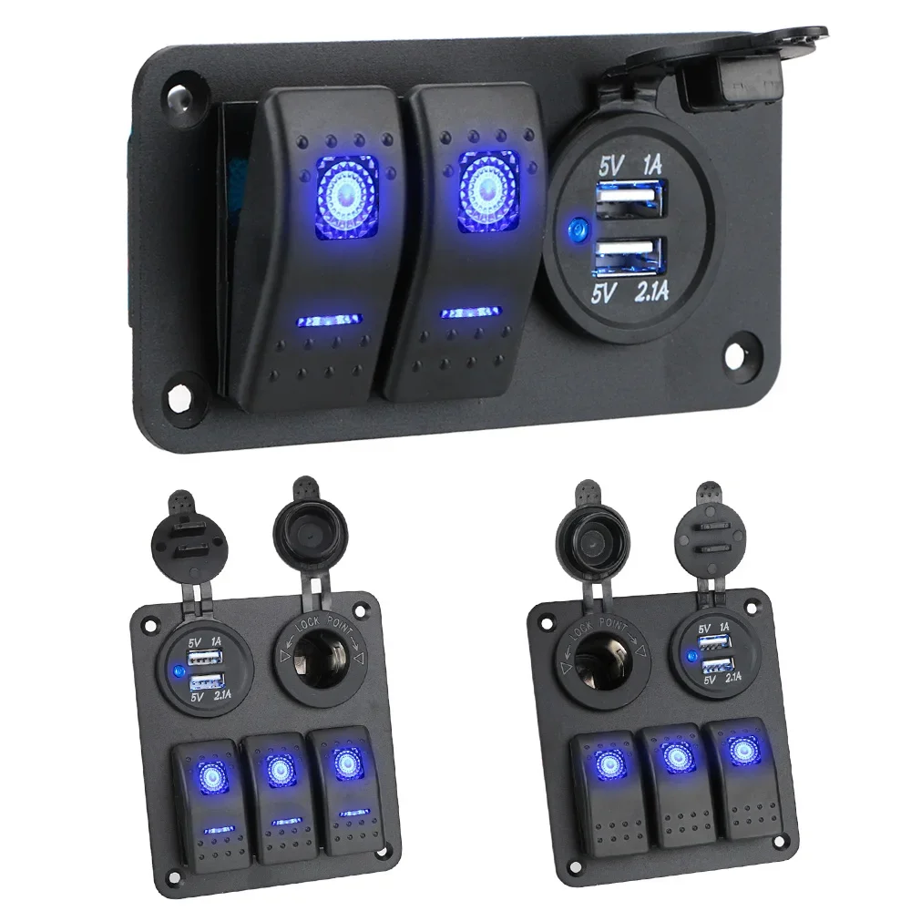 

12V 24V Car Switch Panel 2/3 Gang Waterproof Light Toggle Control Digital Voltmeter Dual USB Chargers Ports Outlet Combination