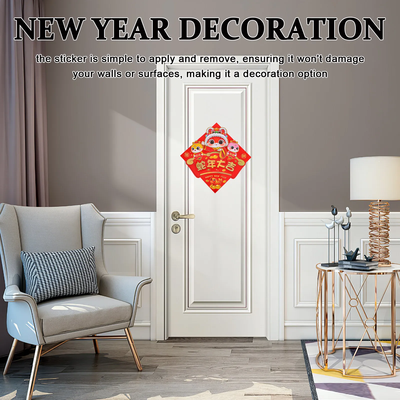 Autocollant de porte du Nouvel An chinois, motif de personnage de dessin animé, année du serpent, décoration festive pour la maison, autocollant mural pour fenêtre