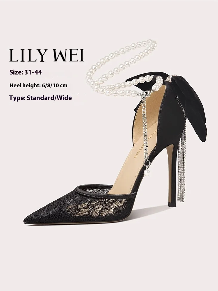 

Тонкие босоножки на высоком каблуке, летние остроконечные кружевные сетчатые туфли с жемчугом и стразами, туфли с кисточками для банкета, большие размеры, расширенная женская обувь маленького размера