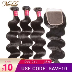 Nadula Hair-extensiones de pelo brasileño ondulado, mechones con cierre de encaje Hd, 4x4