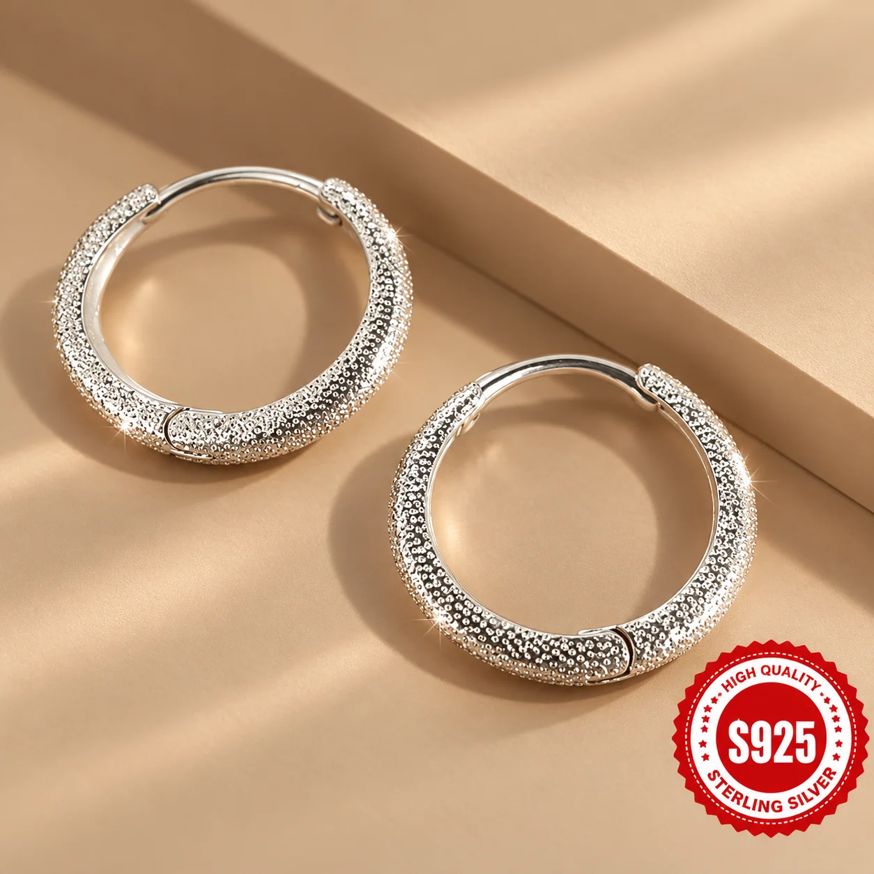925 Sterling Silver Glitter Hoop Earrings for Women Sparkling Sandblasted Texture Round Earrings Classic Silver Color Jewelry
