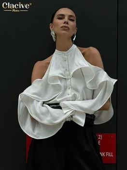 Clacive 여성용 O넥 오프숄더 긴팔 셔츠, 우아한 클래식 러플 탑, 여성 의류, 섹시한 루즈 화이트 셔츠, 패션