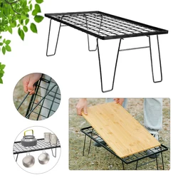 Folding Iron Net Table with Table Board & Bag Picnic Iron Mesh Desk Multifunctional Campfire Grill Table for Backyards BBQ Party